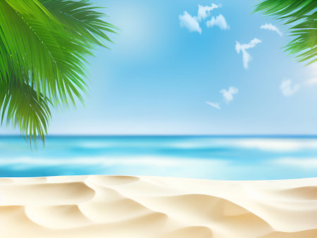 Vector illustration of tropical beach with white sand, palm leaves and blue skyの素材