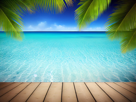 Tropical beach with palm leaves over wooden floor and sea backgroundの素材