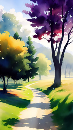 Autumn landscape with road and trees. Digital painting. Vector illustration.の素材