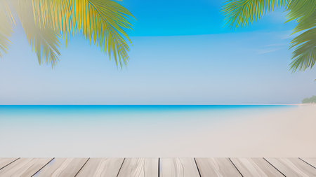 Wooden floor on the beach with blue sky and sea background.の素材