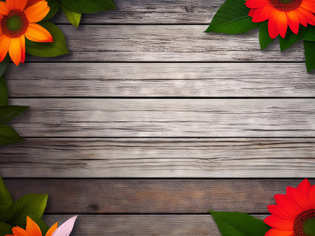 Wooden background with red flowers and green leaves. Vector illustration.の素材