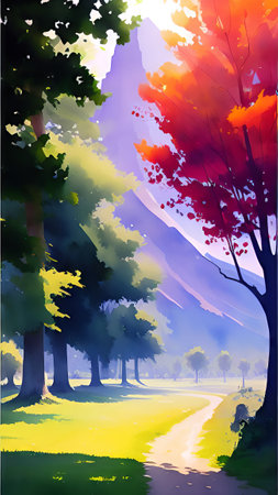 Autumn landscape with trees and road. Vector illustration. EPS10の素材