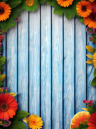 Background with gerbera flowers on blue wooden planks. Eps 10 vector file.の素材