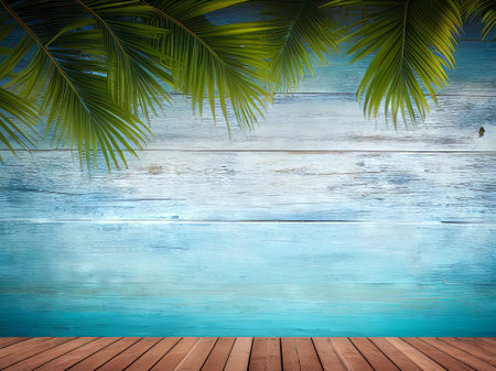 Wooden background with palm leaves and space for your text or imageの素材