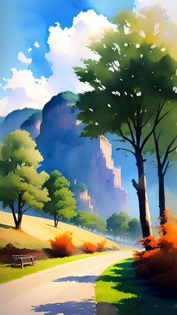 beautiful landscape with road and trees in the mountains, vector illustrationの素材