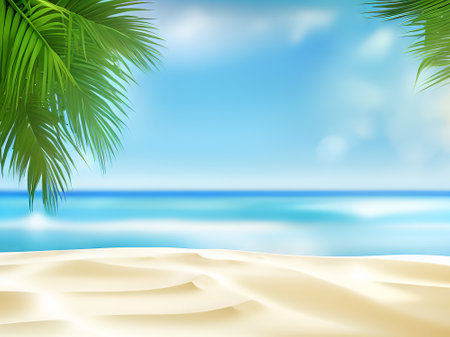 Summer background with tropical beach and palm leaves. EPS 10 vector file includedの素材