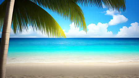tropical beach with palm tree and blue sky, 3d renderの素材