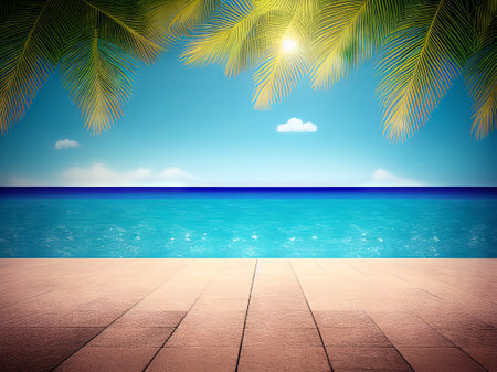 Tropical beach with palm trees and wooden terrace. Summer backgroundの素材