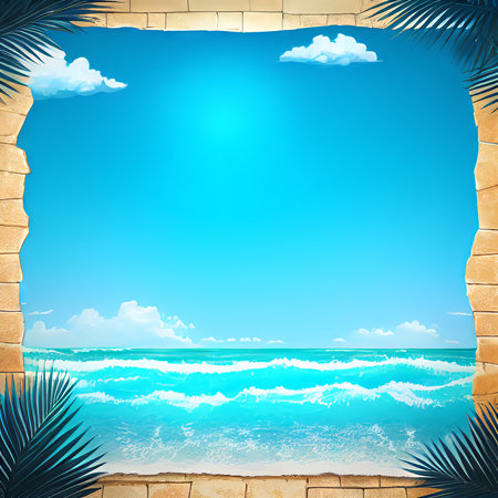 Tropical beach background with palms and blue sky. Vector illustration.の素材