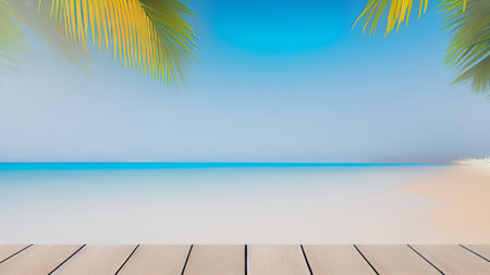 Wooden floor on blue sky background with palm leaves and sea.の素材