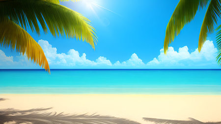 Tropical beach with palm trees and blue sky. Summer backgroundの素材