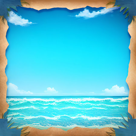 Tropical beach with blue sky and clouds on old paper backgroundの素材