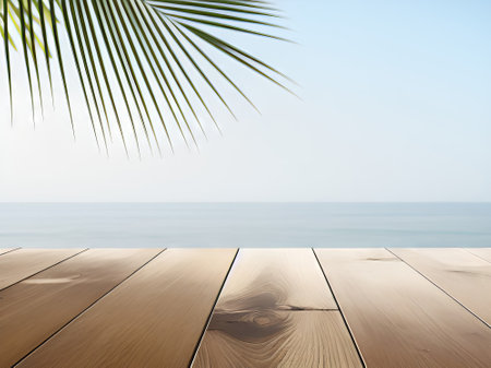 Wood table top on blur beach background - can be used for display or montage your productsの素材