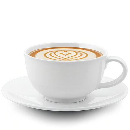 Cup of cappuccino with heart pattern on white backgroundの素材
