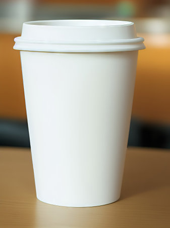 White paper cup of coffee on the table in coffee shop, stock photoの素材