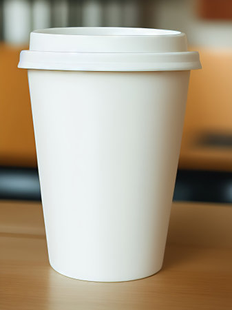 Disposable coffee cup on the table in coffee shop, stock photoの素材