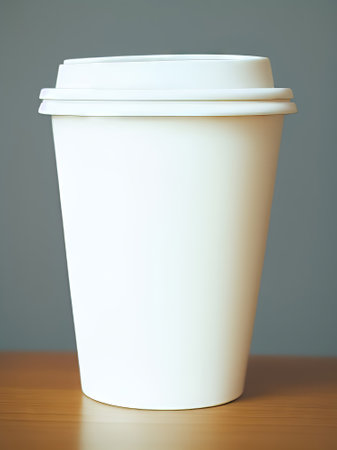 White paper coffee cup on the wooden table and gray wall background.の素材