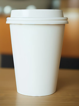 Disposable coffee cup on wooden table in coffee shop, stock photoの素材