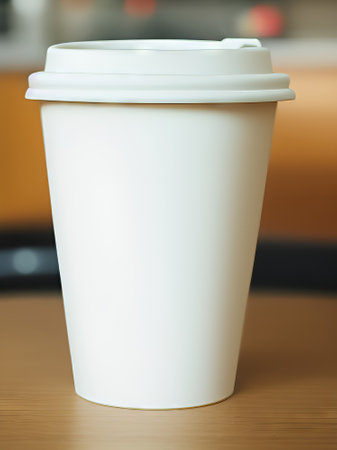 White paper coffee cup on wooden table in coffee shop, stock photoの素材