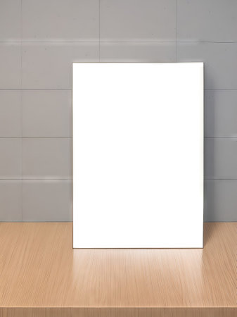 Blank white poster on wood table and wall background. 3d renderingの素材