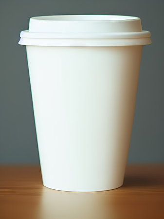 Disposable coffee cup on wooden table and gray wall background.の素材