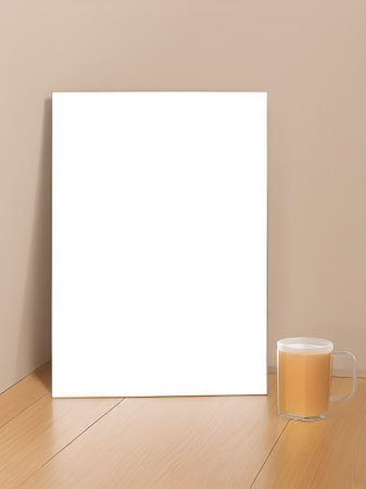 Blank picture frame and coffee cup on wooden table. 3D renderingの素材