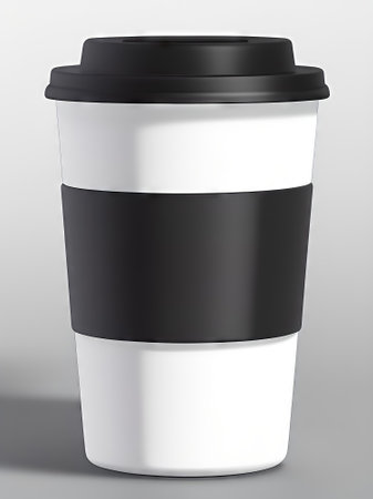3d rendering of a white paper coffee cup with black cap isolated on gray backgroundの素材