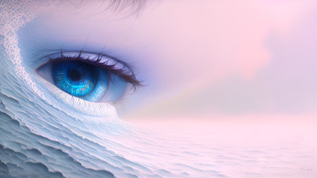 Beautiful blue female eye in abstract landscape. 3D illustration.の素材