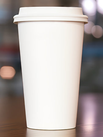 White paper cup of coffee on the table in coffee shop blur backgroundの素材
