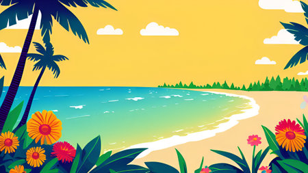 Tropical beach with palm trees and flowers. Vector illustration.の素材