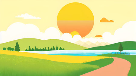 Summer landscape with lake, hills, meadow and sun. Vector illustration.の素材
