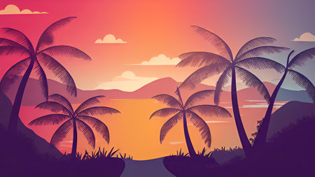 Tropical landscape with palm trees and sunset. Vector illustration.の素材