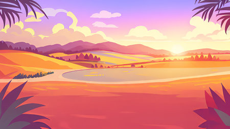 Sunset landscape with mountain and lake. Vector illustration in cartoon styleの素材