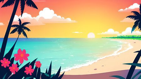 Illustration of a tropical beach with palm trees and flowers at sunsetの素材
