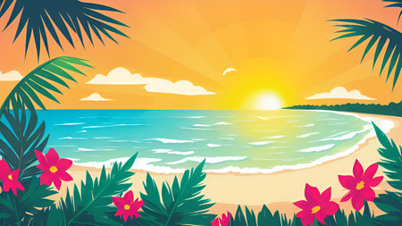 Sunset on the beach with palm trees and flowers. Vector illustration.の素材