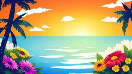 Summer beach background with sunflowers and palm trees. Vector illustration.の素材