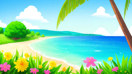 Beautiful tropical beach with palm trees and flowers. Vector illustration.の素材
