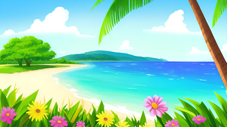 Vector illustration of tropical beach with blooming flowers and palm trees.の素材