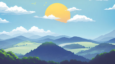 Landscape with mountains and sun in the sky. Vector illustration.の素材