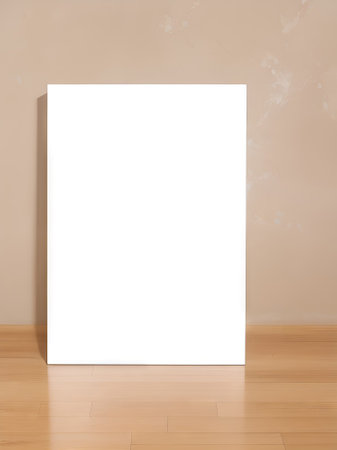 Blank white poster on a wall in a room with wooden floorの素材