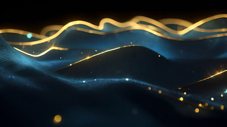 3d render of abstract particles wave with golden lights on dark backgroundの素材