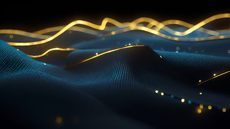 3d rendering of abstract golden lines on dark background with bokeh effectの素材