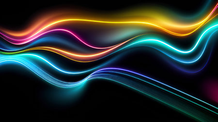 abstract background with multicolor glowing lines on a black backgroundの素材