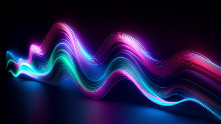 3d rendering of abstract background with glowing wavy lines in the darkの素材