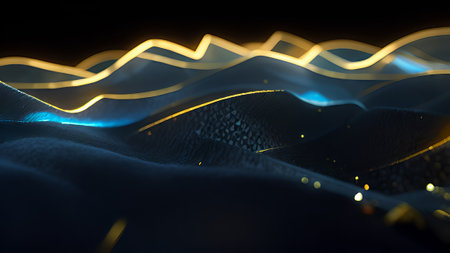 Abstract 3d rendering of waves with bokeh effect. Futuristic background.の素材