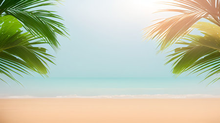 Tropical beach with palm leaves. Summer background. Copy spaceの素材