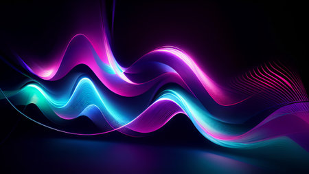abstract background with glowing wavy lines in blue and purple colorsの素材
