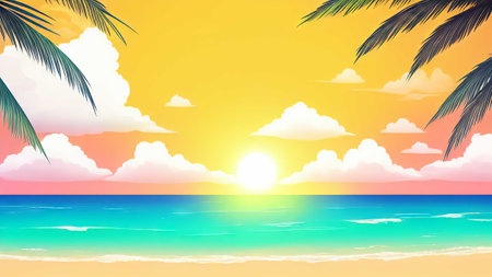 Tropical beach with palm trees and sunset. Vector illustration.の素材