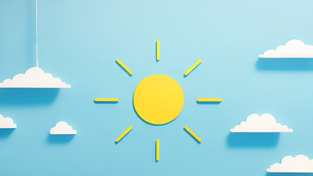 Sun and clouds on blue sky background. Minimal concept. 3D Renderingの素材
