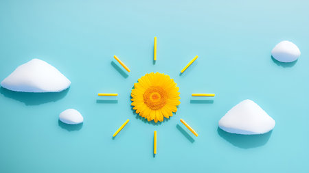 Sun with clouds and snowflakes on blue background. Minimal summer conceptの素材